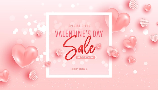 Happy saint valentine day sale background with heart shaped balloons.