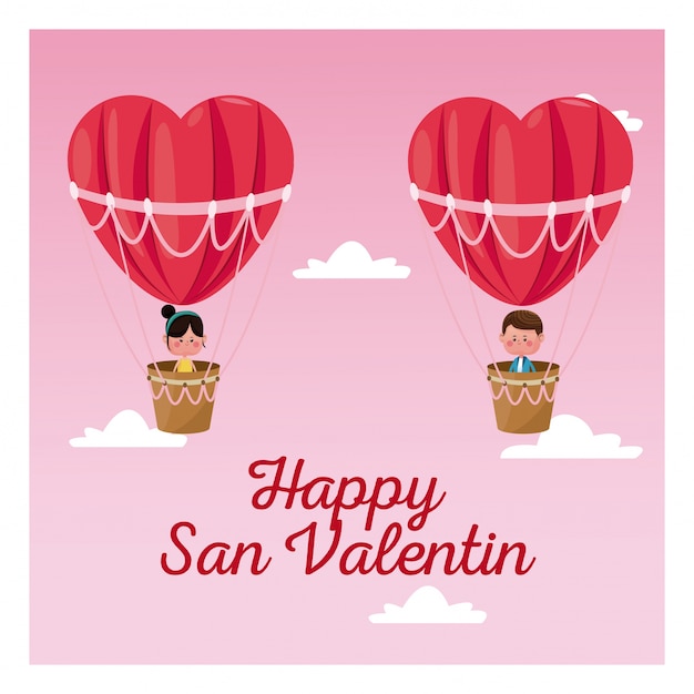 Happy san valentine boy and girl flying heart air balloon valentine day pink sky