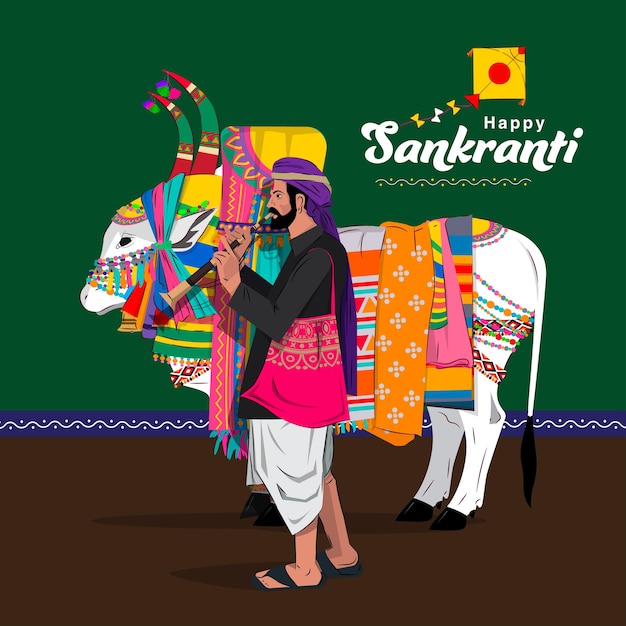 happy sankranti vector illustration. A Gangireddu, a decorated ox (also known as basava) with its ma