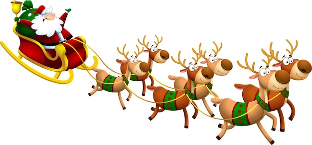 Vettore personaggio dei cartoni animati di babbo natale felice una renna che vola in una slitta. illustrazione di design piatto vettoriale