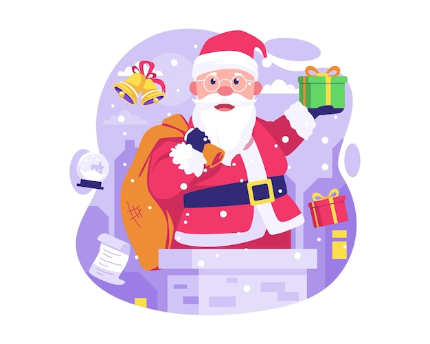 Happy santa claus coming out of the chimney rooftop ready to give christmas gifts illustration