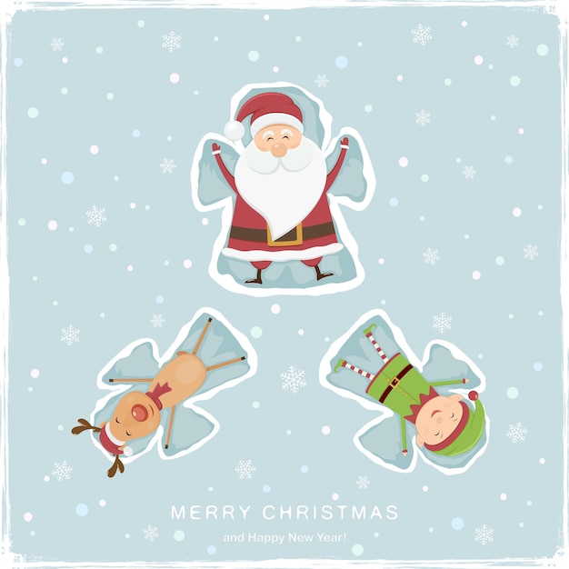 Счастливый дед мороз, олень и эльф делают снежных ангелов. надпись с рождеством на синем снежном фоне. иллюстрация может быть использована для праздничного дизайна, открыток, приглашений, открыток и баннеров.