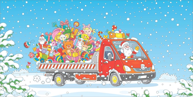 Happy Santa Claus driving his funny small truck full of gifts toys and sweets for little children