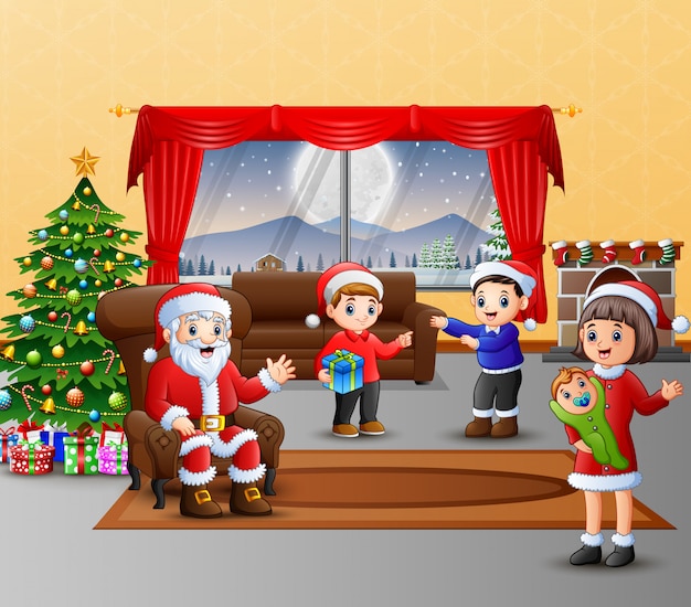 Happy santa claus and the family celebration a christmas