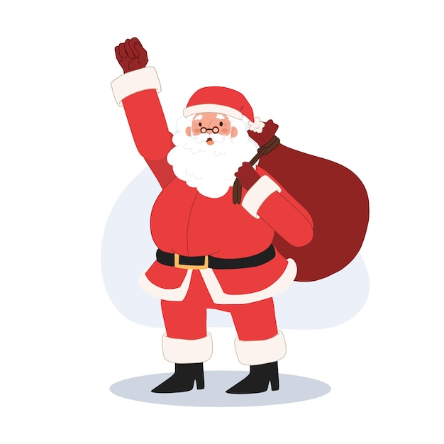 Happy Santa claus is carry a sack of gift is ready to work cheer up raise hand up Vector illustration