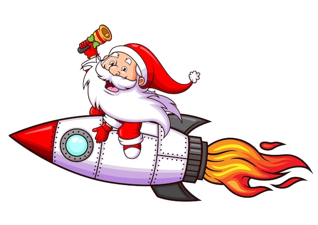 The happy santa claus is flying with the rocket and ringing the bell in the space