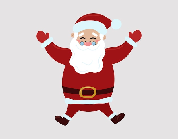 행복한 산타클로스가 점프합니다. 크리스마스 캐릭터가 격리되었습니다. 벡터 평면 그림
