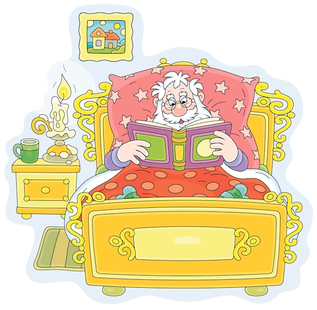 행복한 산타클로스는 오래된 침대에 누워 촛불 옆에서 재미있는 동화책을 읽습니다