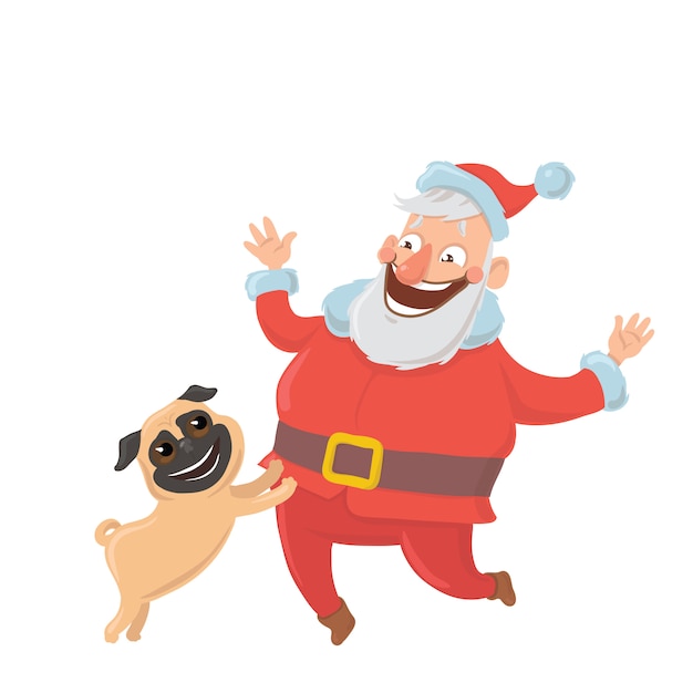 Happy Santa Claus met hond. Tekens voor nieuwjaarskaarten voor het jaar van de hond volgens de oosterse kalender. Illustratie, op witte achtergrond.