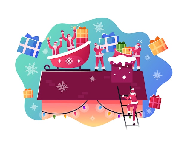 Vector happy santa claus-personages die in een slee op het dak van het huis zitten, gooien geschenken en cadeautjes in de schoorsteen. xmas celebration, feestelijke nacht, merry christmas greetings concept. cartoon mensen vectorillustratie