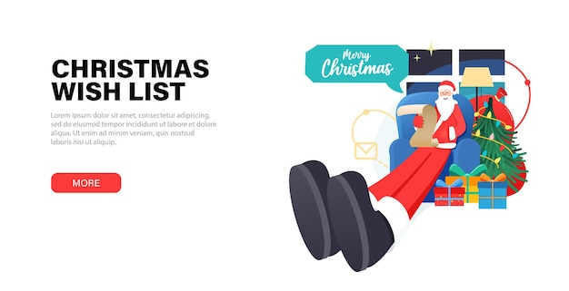 Счастливый Санта-Клаус отдыхает дома в канун Рождества, сидит в кресле и просматривает список желаний