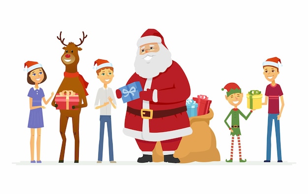 Happy santa claus, rendieren en kinderen - stripfiguren geïsoleerde illustratie op witte achtergrond. lachende vadertje vorst met een zak met geschenken, herten en elf staan en geven kinderen cadeautjes.