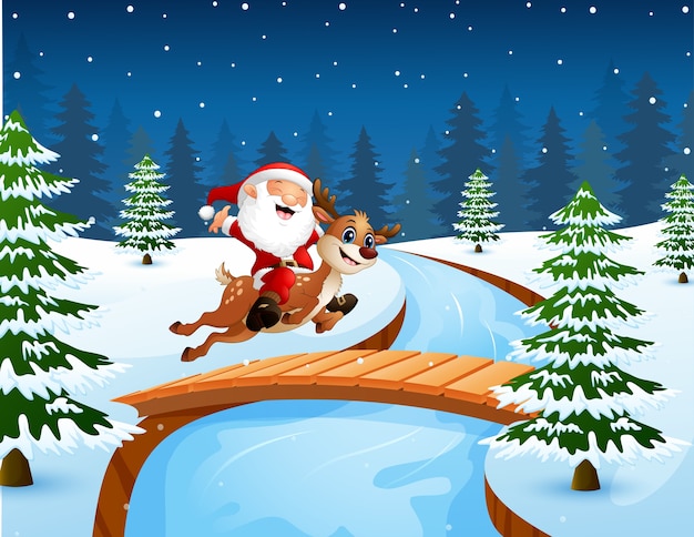 Happy santa claus riding a reindeer 