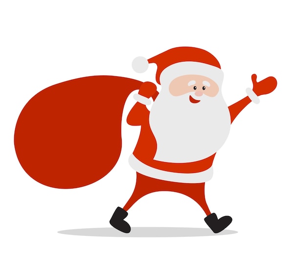 Babbo natale felice corre con un sacco di regali per i bambini. illustrazione vettoriale di natale.