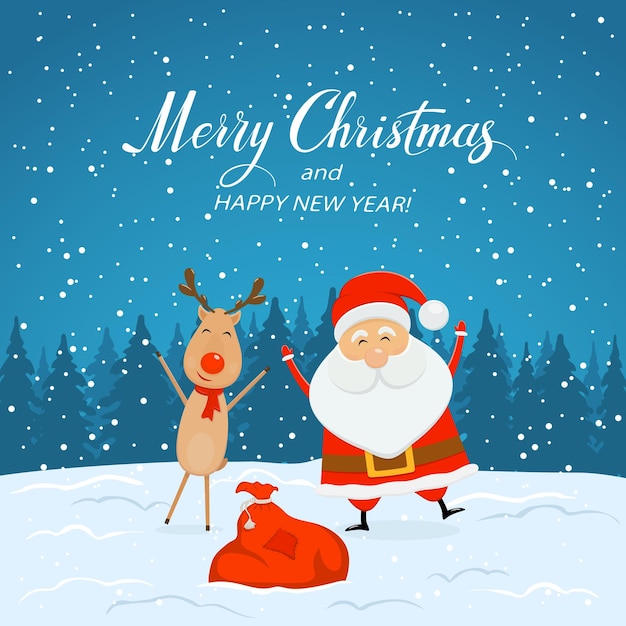 Happy santa claus with bag of gifts and cute reindeer. text merry christmas and happy new year on winter background with falling snow, illustration.