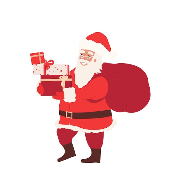 Happy Santa Claus with gift bag, carrying presents, Cartoon Christmas illustrations