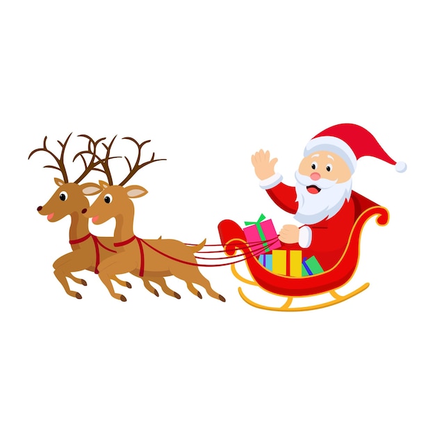 happy Santa Claus with his sleigh and reindeer vector isolated on white background. Christmas vector