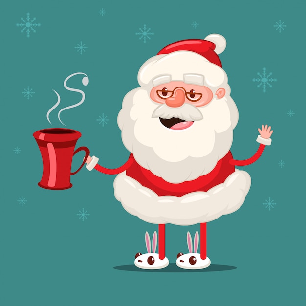 Happy santa claus with red coffee cup. vector christmas cartoon character isolated on snowflakes