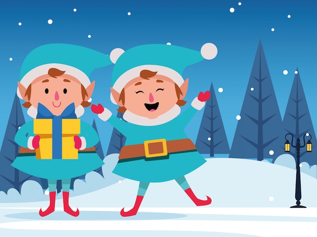 Happy santas helpers with gift box over snowy night , colorful  ,  illustration