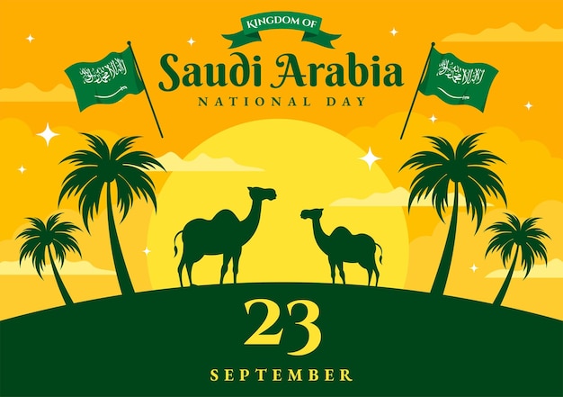 Happy saudi arabia national day vector illustration on september 23 with waving flag background