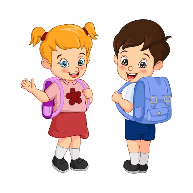 Happy school boy and girl with backpack