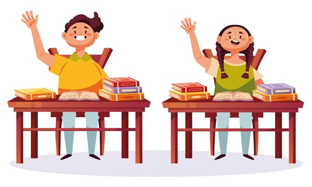 Happy school children classroom with raise hand concept flat graphic design illustration