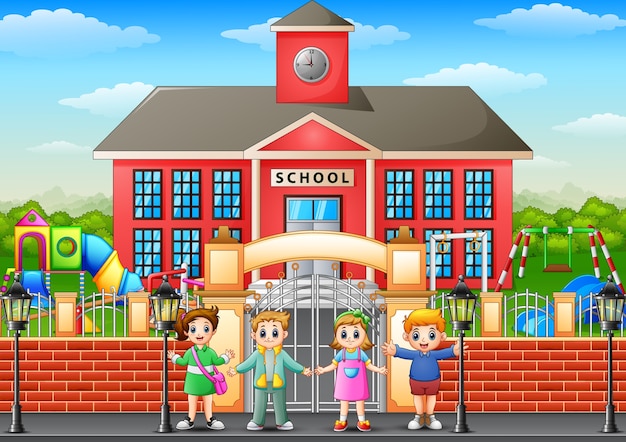 학교 건물 앞에 서있는 행복 학교 아이들