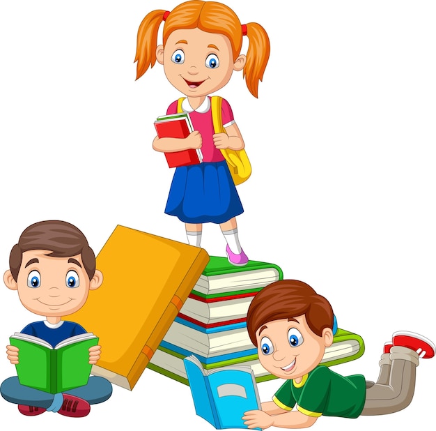 Vector happy school children with stack of book