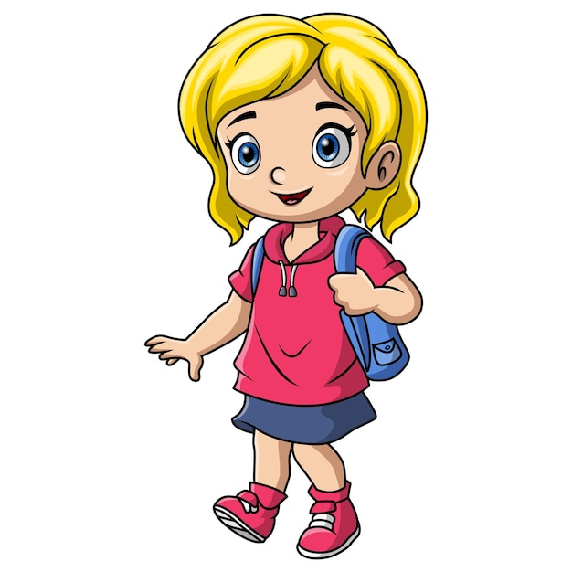 Vector happy school girl cartoon with backpack