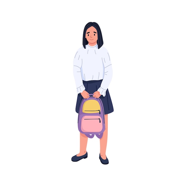 Vector happy school girl portrait teenager pupil standing with schoolbag in hands smiling child holding backpack schoolgirl in formal outfit with bag flat vector illustration isolated on white background