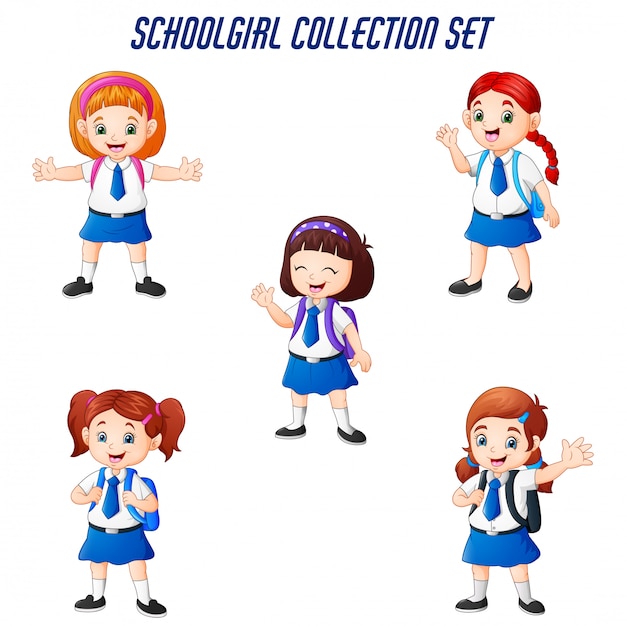 Happy school girls in different posing set