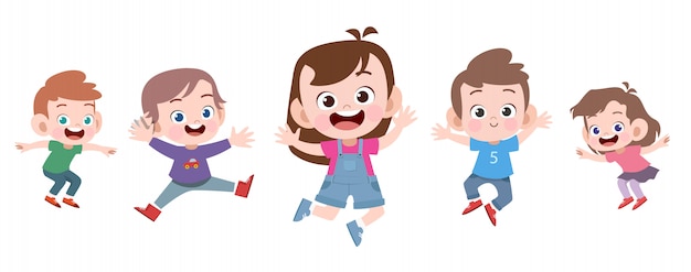 Happy school kids jump vector illustration isolated