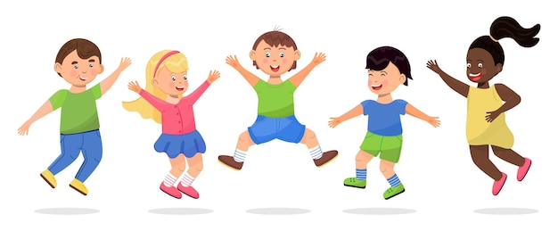 Happy school kids jumping cartoon children has fun runs jumps plays boys and girls illustration vector isolated on white background diversity society friendship classmates