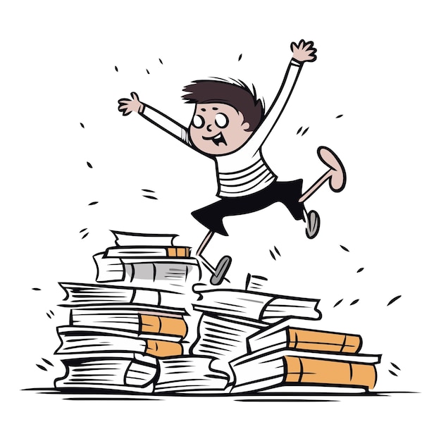 Happy schoolboy jumping over a pile of books