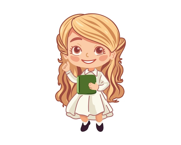 Happy schoolgirl in dress with book