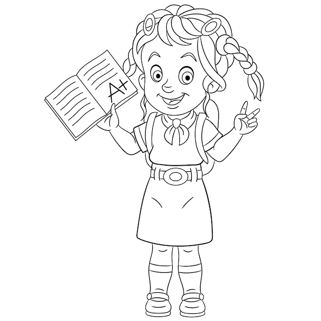 Vector happy schoolgirl with excellent test results. cartoon coloring book page for kids.