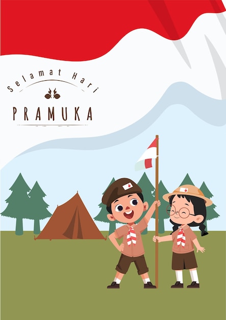 Vettore buon giorno scout 14 agosto giornata del festival indonesiano. selamat hari pramuka. illustrazione vettoriale