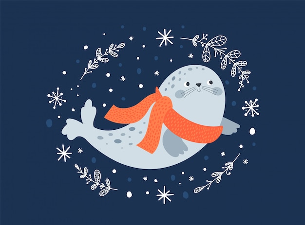 Happy sea fur seal with winter floral ornament and snowflakes