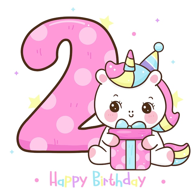 Vector happy second birthday with cute princess unicorn and gift