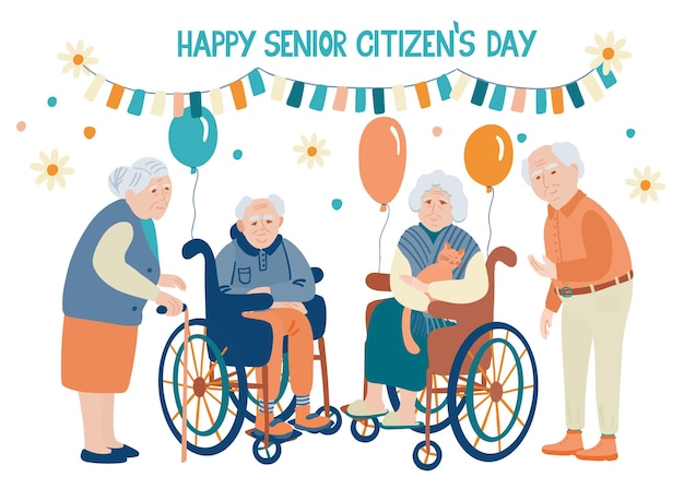 Happy senior citizens day greeting card with elderly people