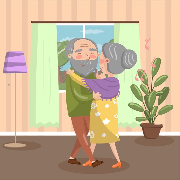 집에서 행복 수석 몇 춤, 빈티지 아늑한 인테리어 일러스트