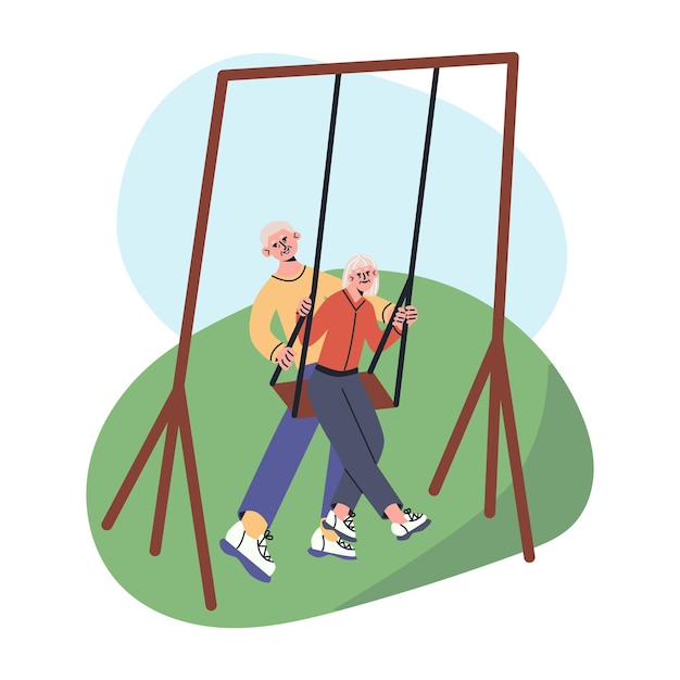 Happy senior couple husbund swing her wife on a swing Elderly man and woman lead active lifestyle