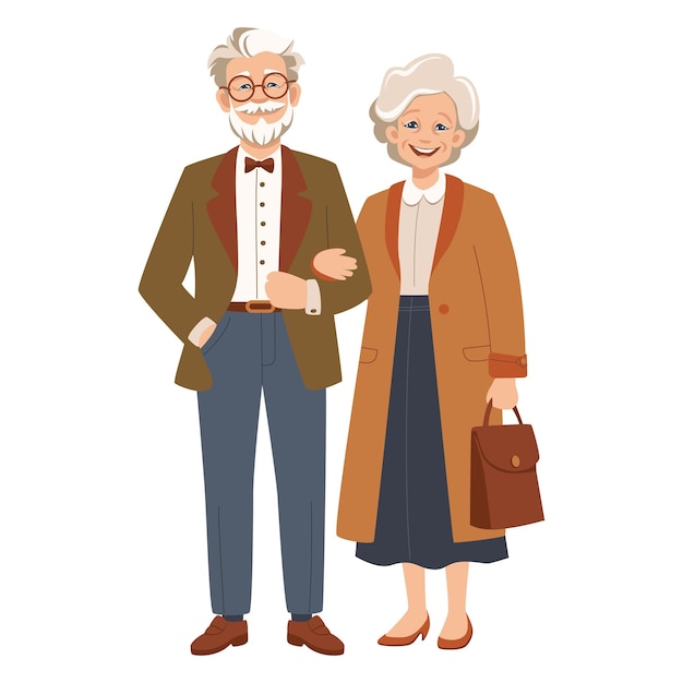 현대적인 패션의 행복한 고령 커플 노인 남녀