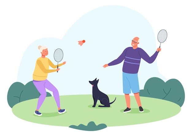 Happy senior couple play badminton outdoor illustration Vector illustration