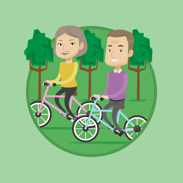 Happy senior couple riding on bicycles in the park