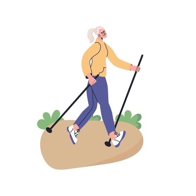 Happy senior doing nordic walking with stikcs park Elderly woman lead active lifestyle flat vector