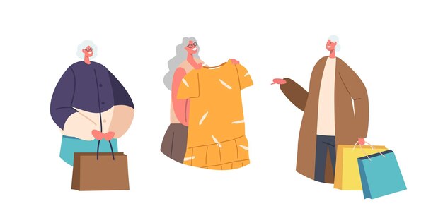 Happy senior female characters shopping recreation icons or avatars consumerism price off promo sale and discount