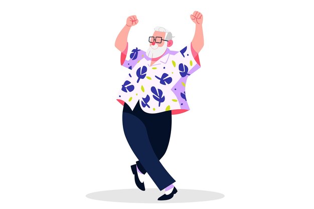 Happy senior man wearing shirt with tropical pattern dancing Flat vector illustration