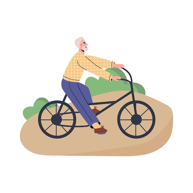 Happy senior men riding bicycles in the park Elderly lead an active lifestyle flat vector