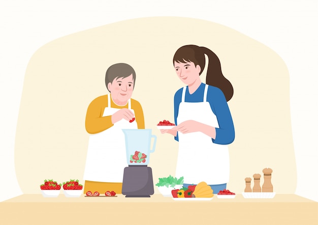 Happy senior mother and middle aged daughter adding fruits in blender. Flat character design.